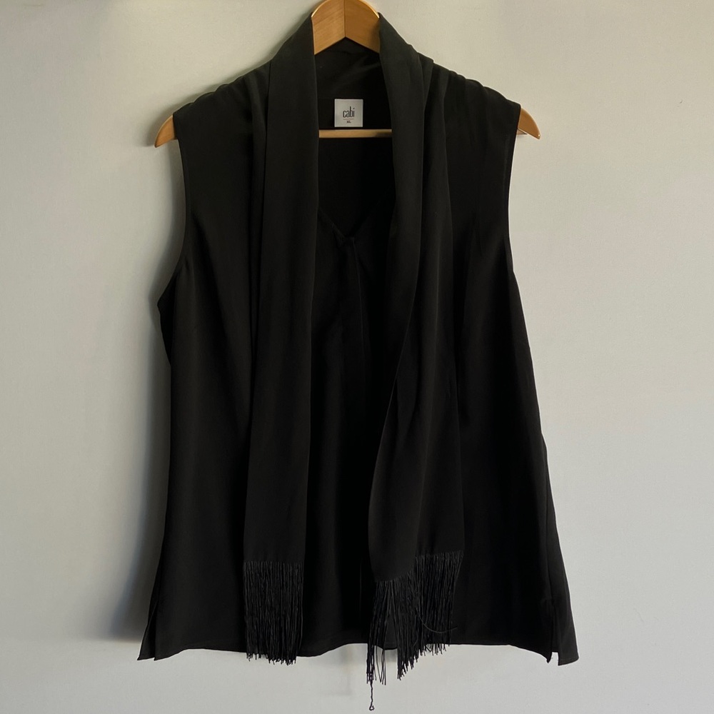 CAbi Black Sleeveless Top with Fringe